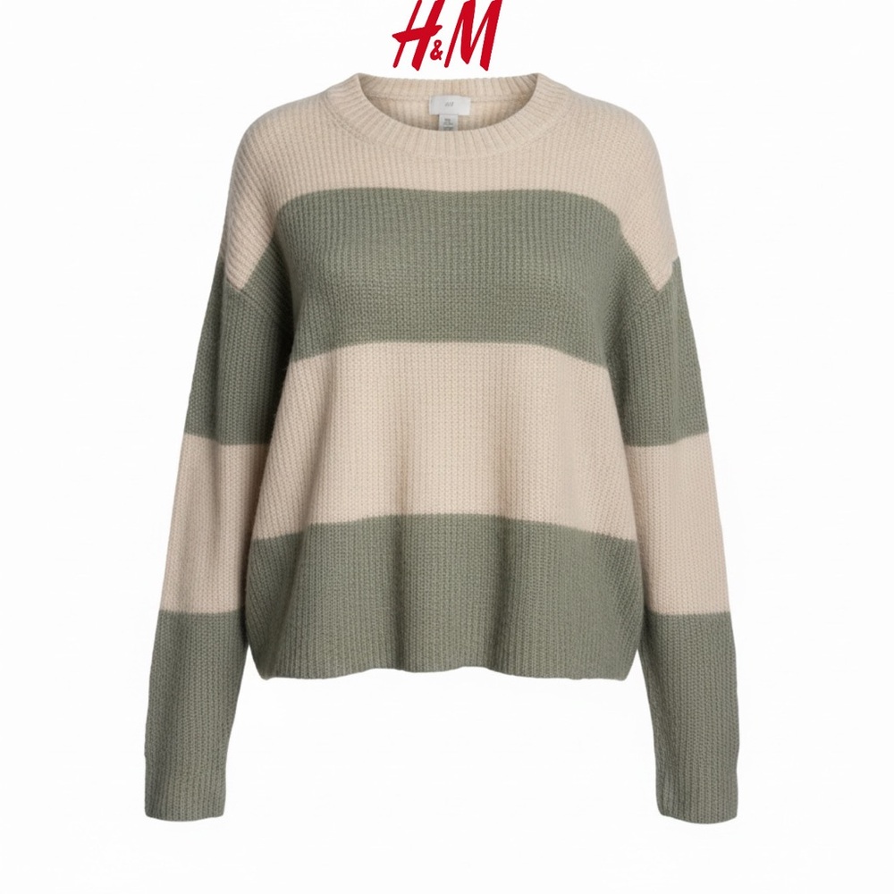 Cato Wide-Striped Crewneck Sweater in Beige and Olive